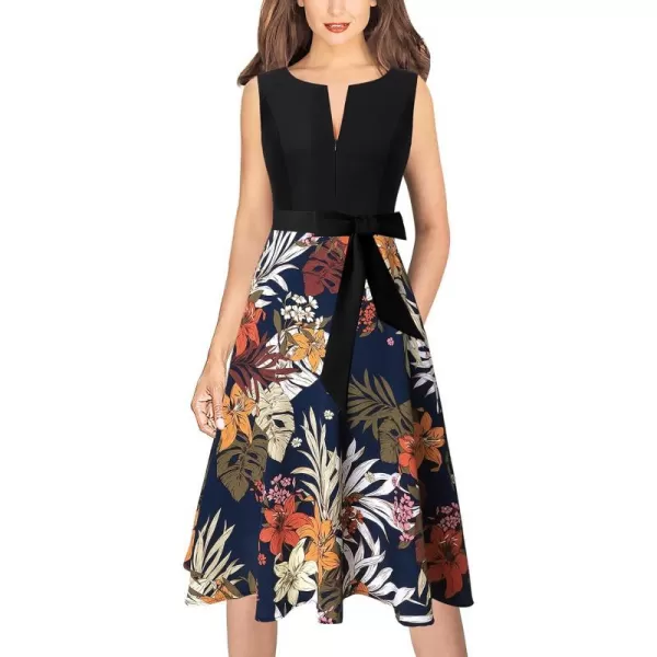 VFSHOW Womens Front Zipper Belted Patchwork Work Business Cocktail Party Casual ALine DressBlack and Multi Floral Print