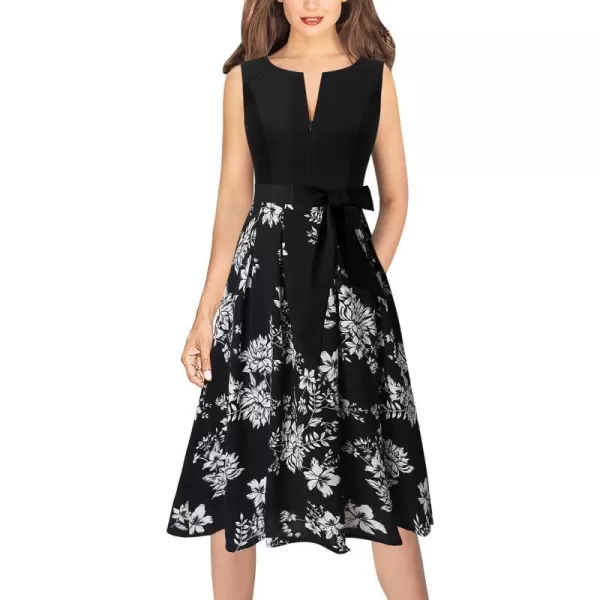 VFSHOW Womens Front Zipper Belted Patchwork Work Business Cocktail Party Casual ALine DressBlack and White Floral Print2