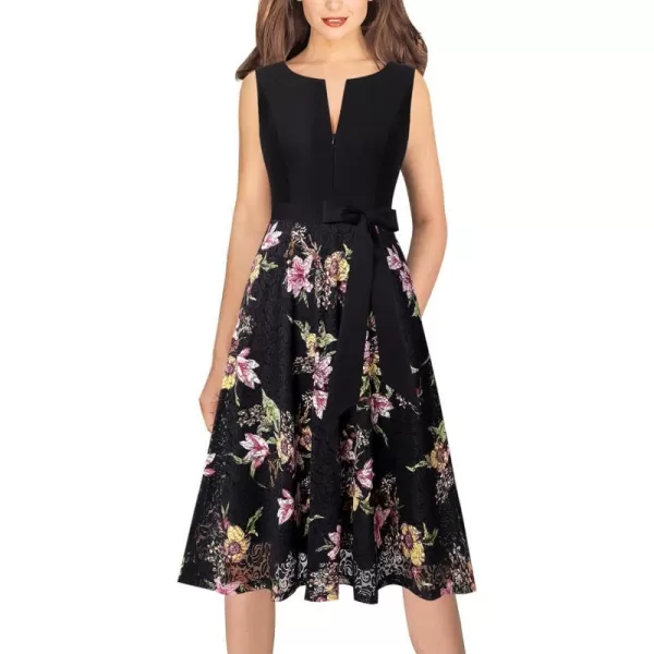 VFSHOW Womens Front Zipper Belted Patchwork Work Business Cocktail Party Casual ALine DressBlackblack Floral Print Lace Midi