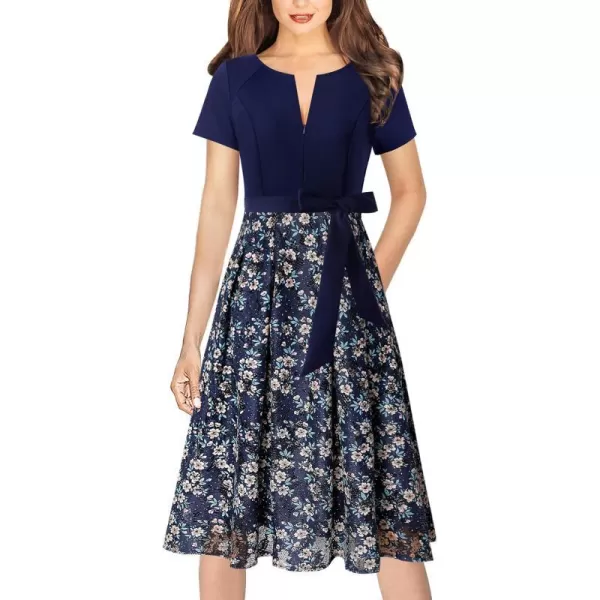 VFSHOW Womens Front Zipper Belted Patchwork Work Business Cocktail Party Casual ALine DressBlue and Multi Floral Print