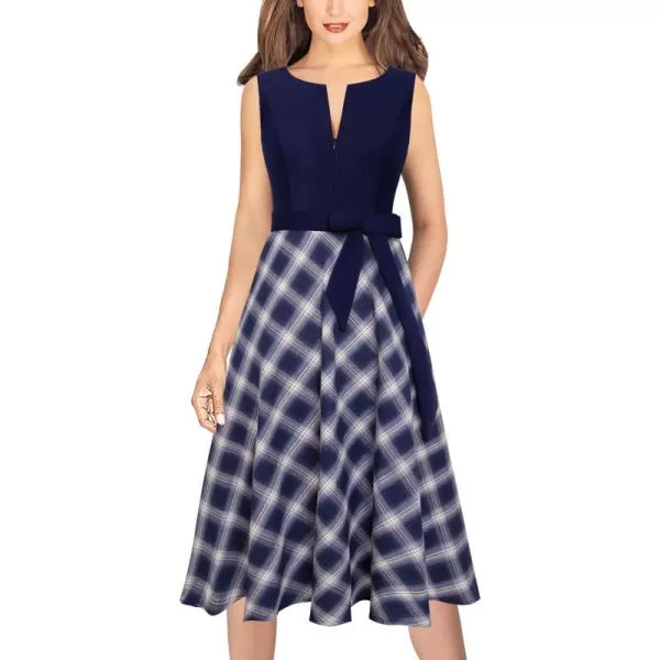 VFSHOW Womens Front Zipper Belted Patchwork Work Business Cocktail Party Casual ALine DressDark Blue and Tartan Print