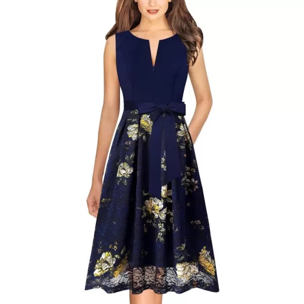 VFSHOW Womens Front Zipper Belted Patchwork Work Business Cocktail Party Casual ALine DressNavy Blue and Yellow Floral Print Lace