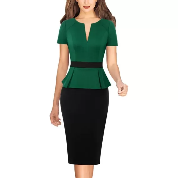 VFSHOW Womens Front Zipper Peplum Work Business Office Bodycon Pencil Sheath DressGreen and Black With Peplum2