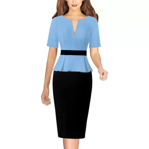 VFSHOW Womens Front Zipper Peplum Work Business Office Bodycon Pencil Sheath DressLight Blue and Black2