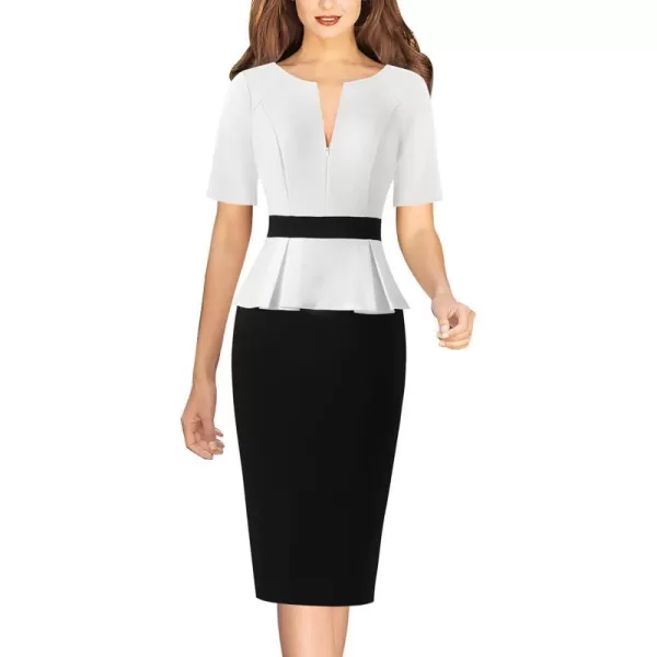 VFSHOW Womens Front Zipper Peplum Work Business Office Bodycon Pencil Sheath DressOff White and Black2