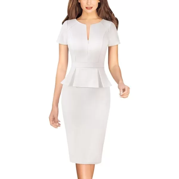 VFSHOW Womens Front Zipper Peplum Work Business Office Bodycon Pencil Sheath DressOffwhite Short Sleeve