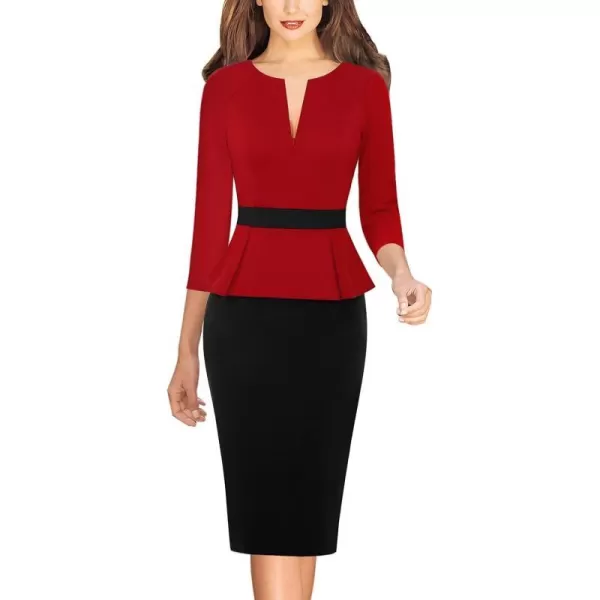 VFSHOW Womens Front Zipper Peplum Work Business Office Bodycon Pencil Sheath DressRed and Black 34 Sleeve