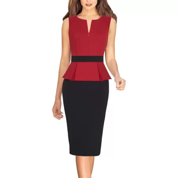 VFSHOW Womens Front Zipper Peplum Work Business Office Bodycon Pencil Sheath DressRed and Black With Peplum