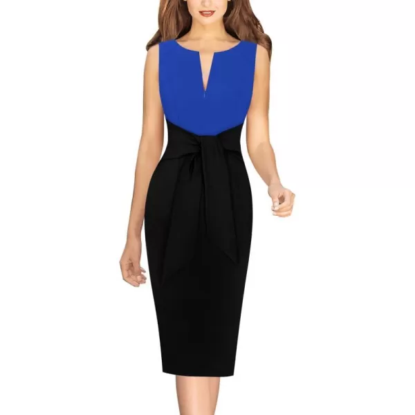 VFSHOW Womens Front Zipper Tie Waist Slim Work Business Office Bodycon Pencil DressRoyal Blue and Black