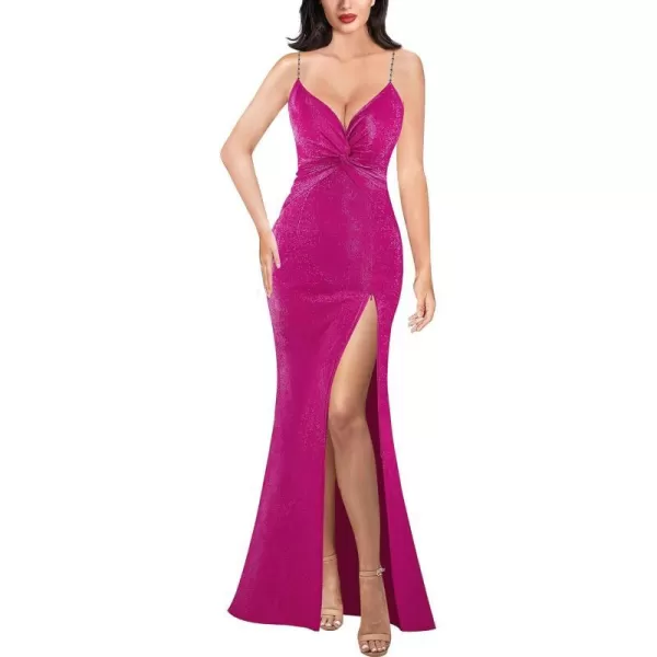 VFSHOW Womens Glitter Spaghetti Strap Twist V Neck Backless Zipper High Split Formal Evening Gown Prom Maxi DressSparkly Hot Pink