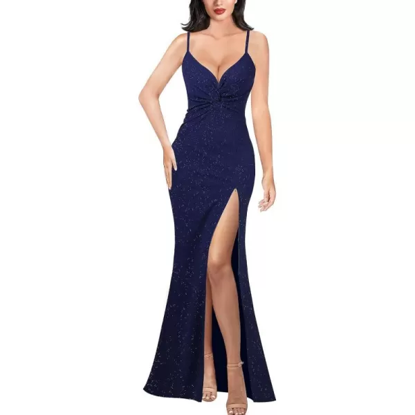 VFSHOW Womens Glitter Spaghetti Strap Twist V Neck Backless Zipper High Split Formal Evening Gown Prom Maxi DressSparkly Navy Blue