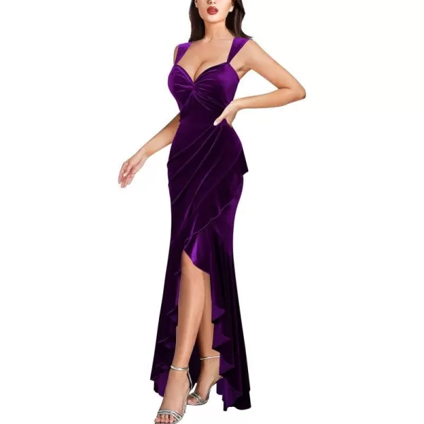 VFSHOW Womens Glitter Sweetheart V Neck Twist Front Backless Ruched Ruffle Slit Formal Evening Gown Maxi DressDark Purple Velvet