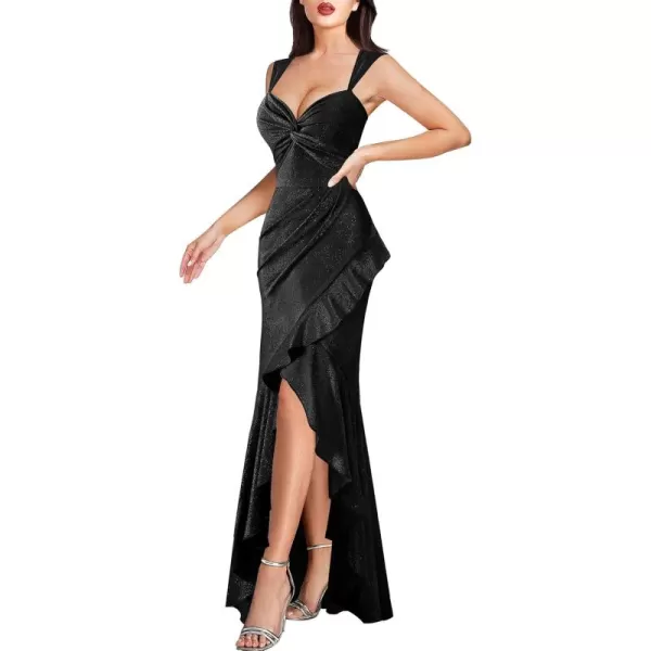 VFSHOW Womens Glitter Sweetheart V Neck Twist Front Backless Ruched Ruffle Slit Formal Evening Gown Maxi DressShiny Black