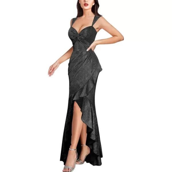 VFSHOW Womens Glitter Sweetheart V Neck Twist Front Backless Ruched Ruffle Slit Formal Evening Gown Maxi DressSparkly Black2