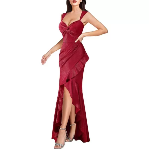 VFSHOW Womens Glitter Sweetheart V Neck Twist Front Backless Ruched Ruffle Slit Formal Evening Gown Maxi DressSparkly Red2