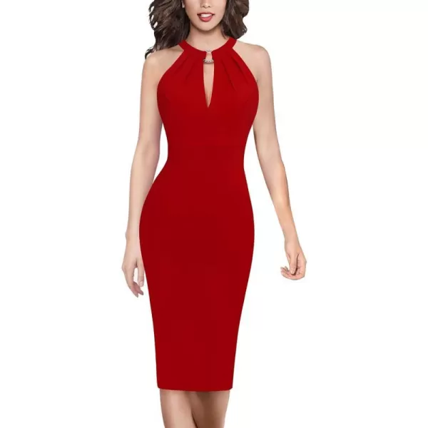 VFSHOW Womens Halter Neck Keyhole Cocktail Party Pleated Ruched Slim Fitted Bodycon Pencil DressRed Halter Neck2