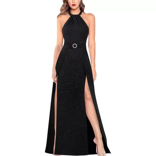 VFSHOW Womens Halter Neck Ruched Bow Double Slit Formal Prom Maxi Dress Keyhole Backless Wedding Guest ALine Evening GownSparkly Black