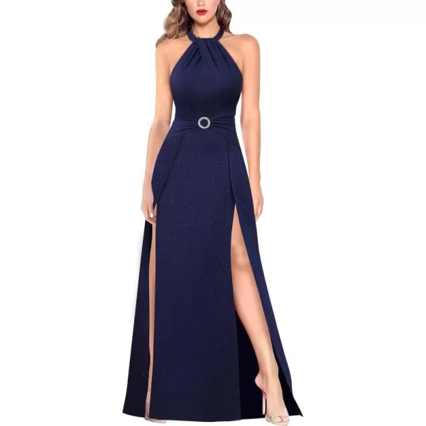 VFSHOW Womens Halter Neck Ruched Bow Double Slit Formal Prom Maxi Dress Keyhole Backless Wedding Guest ALine Evening GownSparkly Navy Blue