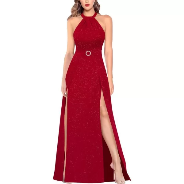 VFSHOW Womens Halter Neck Ruched Bow Double Slit Formal Prom Maxi Dress Keyhole Backless Wedding Guest ALine Evening GownSparkly Red