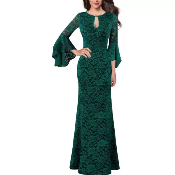 VFSHOW Womens Keyhole Front Bell Sleeve Formal Evening Wedding Party Maxi DressGreen Floral Lace