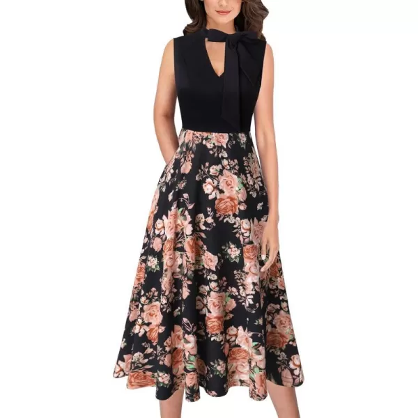 VFSHOW Womens Keyhole Front Patchwork Pockets Pleated Casual Party ALine Midi DressBlack  Multi Floral Print2