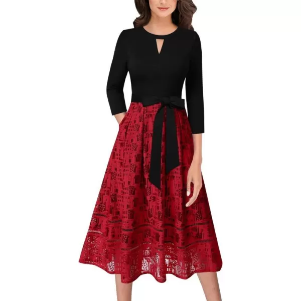 VFSHOW Womens Keyhole Front Patchwork Pockets Pleated Casual Party ALine Midi DressBlack  Red Lace 34 Sleeve2