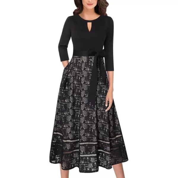 VFSHOW Womens Keyhole Front Patchwork Pockets Pleated Casual Party ALine Midi DressBlack and Lace 34 Sleeve