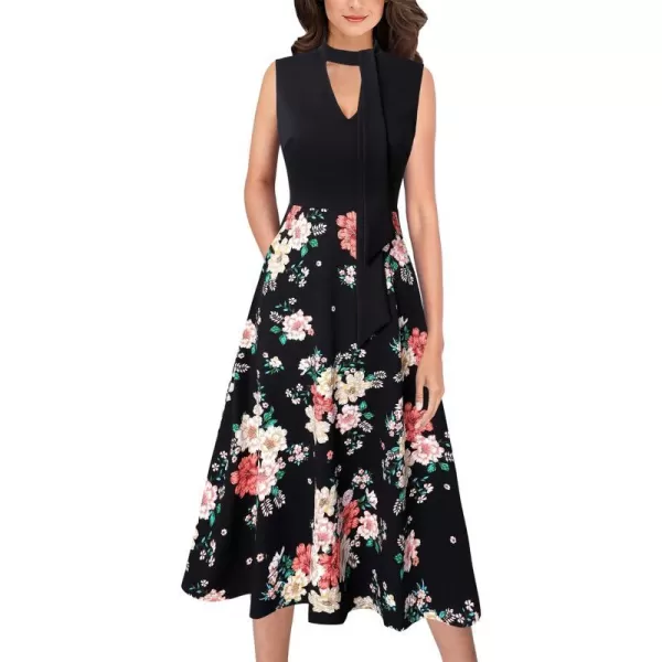 VFSHOW Womens Keyhole Front Patchwork Pockets Pleated Casual Party ALine Midi DressBlack and Multi Floral Printkeyhole2