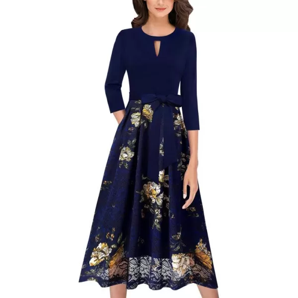 VFSHOW Womens Keyhole Front Patchwork Pockets Pleated Casual Party ALine Midi DressDark Blue  Floral Printed Lace