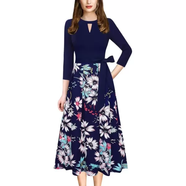 VFSHOW Womens Keyhole Front Patchwork Pockets Pleated Casual Party ALine Midi DressDark Blue Multi Floral Print Keyhole