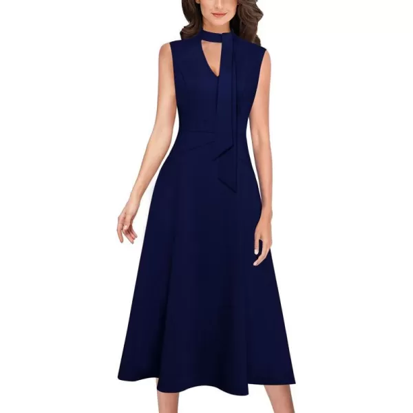 VFSHOW Womens Keyhole Front Patchwork Pockets Pleated Casual Party ALine Midi DressDark Bluesleeveless