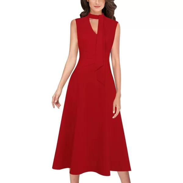 VFSHOW Womens Keyhole Front Patchwork Pockets Pleated Casual Party ALine Midi DressRed Sleeveless