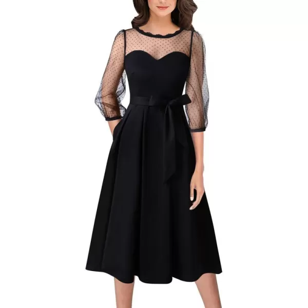 VFSHOW Womens Lace Bishop Sleeve Patchwork Pockets Cocktail Party ALine Midi DressBlack2