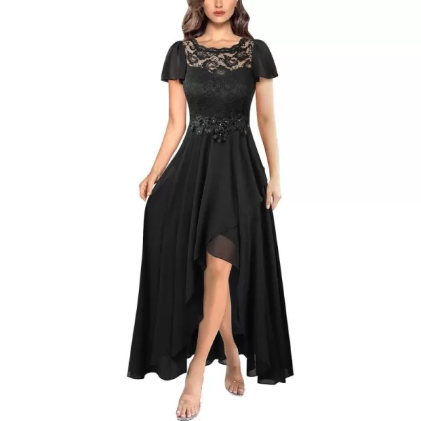 VFSHOW Womens Lace Chiffon Floral Applique Formal ALine HiLo Maxi Dress Smocked 2023 Wedding Guest Bridesmaid Evening GownBlack