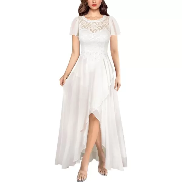 VFSHOW Womens Lace Chiffon Floral Applique Formal ALine HiLo Maxi Dress Smocked 2023 Wedding Guest Bridesmaid Evening GownOffwhite