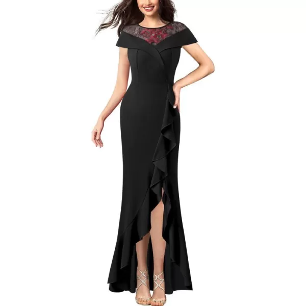 VFSHOW Womens Lace Ruffle Split Formal Evening Gown Prom Maxi Long DressBlack  Floral Embroidery2