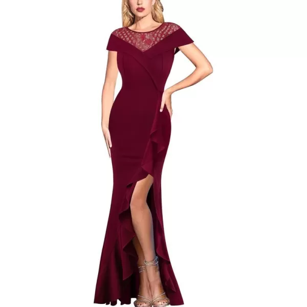 VFSHOW Womens Lace Ruffle Split Formal Evening Gown Prom Maxi Long DressDark Red  Lace