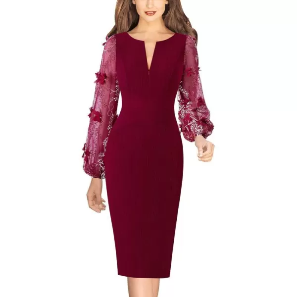 VFSHOW Womens Mesh Bishop Sleeve Front Zipper Cocktail Party Bodycon Pencil DressDark Red Bishop Sleeve