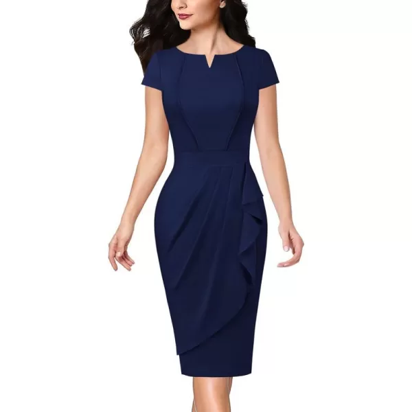 VFSHOW Womens Notch V Neck Ruched Ruffle 2023 Work Business Office Party Bodycon Pencil DressNavy Blue5