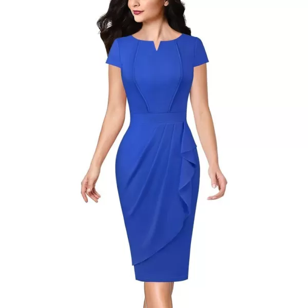 VFSHOW Womens Notch V Neck Ruched Ruffle 2023 Work Business Office Party Bodycon Pencil DressRoyal Blue5