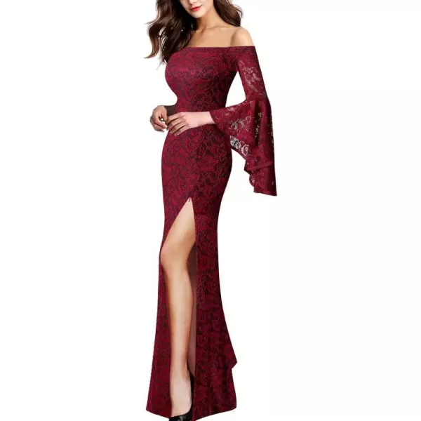 VFSHOW Womens Off Shoulder Bell Sleeve Formal Evening Wedding Party Maxi DressDark Red Lace