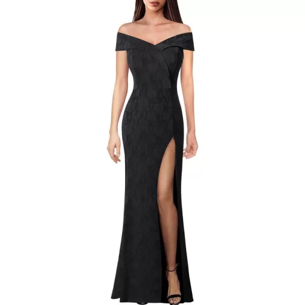 VFSHOW Womens Off Shoulder High Slit Formal Evening Wedding Guest Maxi Long DressBlack Floral Lace4