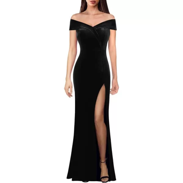 VFSHOW Womens Off Shoulder High Slit Formal Evening Wedding Guest Maxi Long DressBlack Velvet