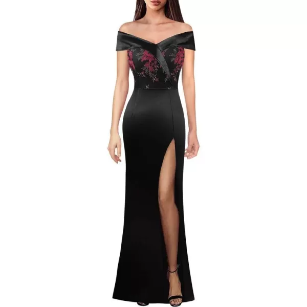 VFSHOW Womens Off Shoulder High Slit Formal Evening Wedding Guest Maxi Long DressBlack With Red Embroidery Lace