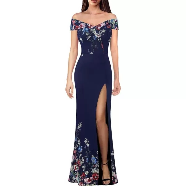 VFSHOW Womens Off Shoulder High Slit Formal Evening Wedding Guest Maxi Long DressNavy Blue Mesh With Floral Print