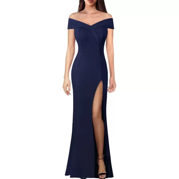 VFSHOW Womens Off Shoulder High Slit Formal Evening Wedding Guest Maxi Long DressNavy Blue2