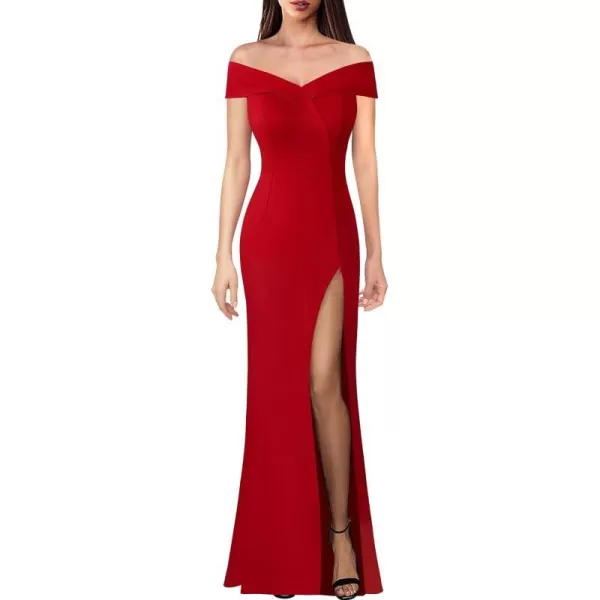 VFSHOW Womens Off Shoulder High Slit Formal Evening Wedding Guest Maxi Long DressRed