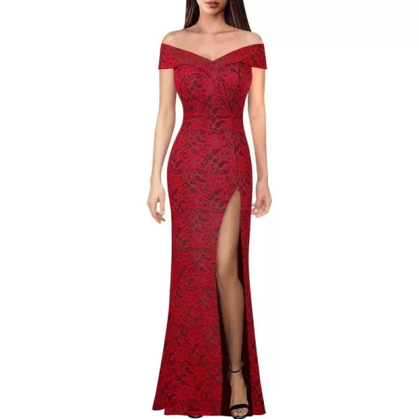 VFSHOW Womens Off Shoulder High Slit Formal Evening Wedding Guest Maxi Long DressRed Floral Lace