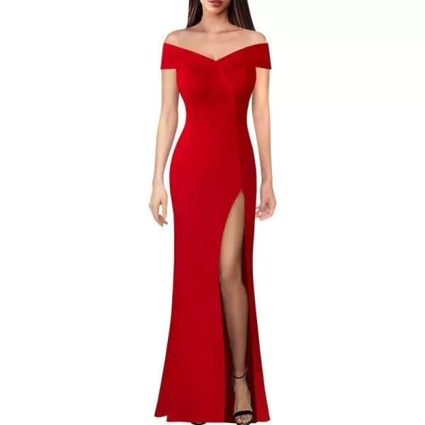 VFSHOW Womens Off Shoulder High Slit Formal Evening Wedding Guest Maxi Long DressRed2