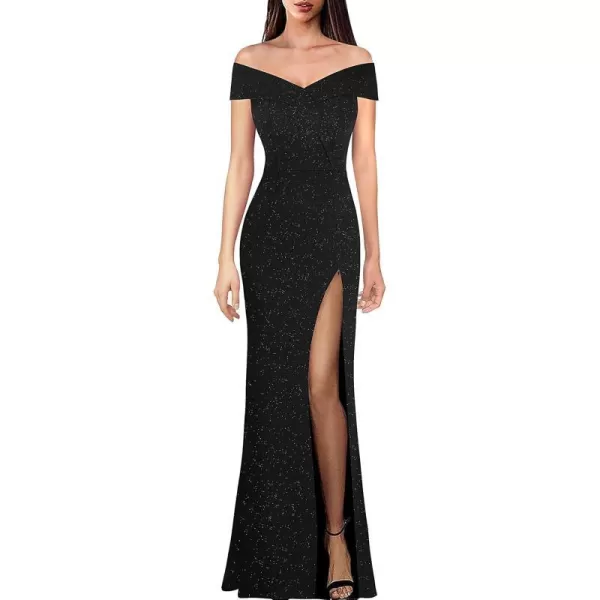 VFSHOW Womens Off Shoulder High Slit Formal Evening Wedding Guest Maxi Long DressShimmery Black